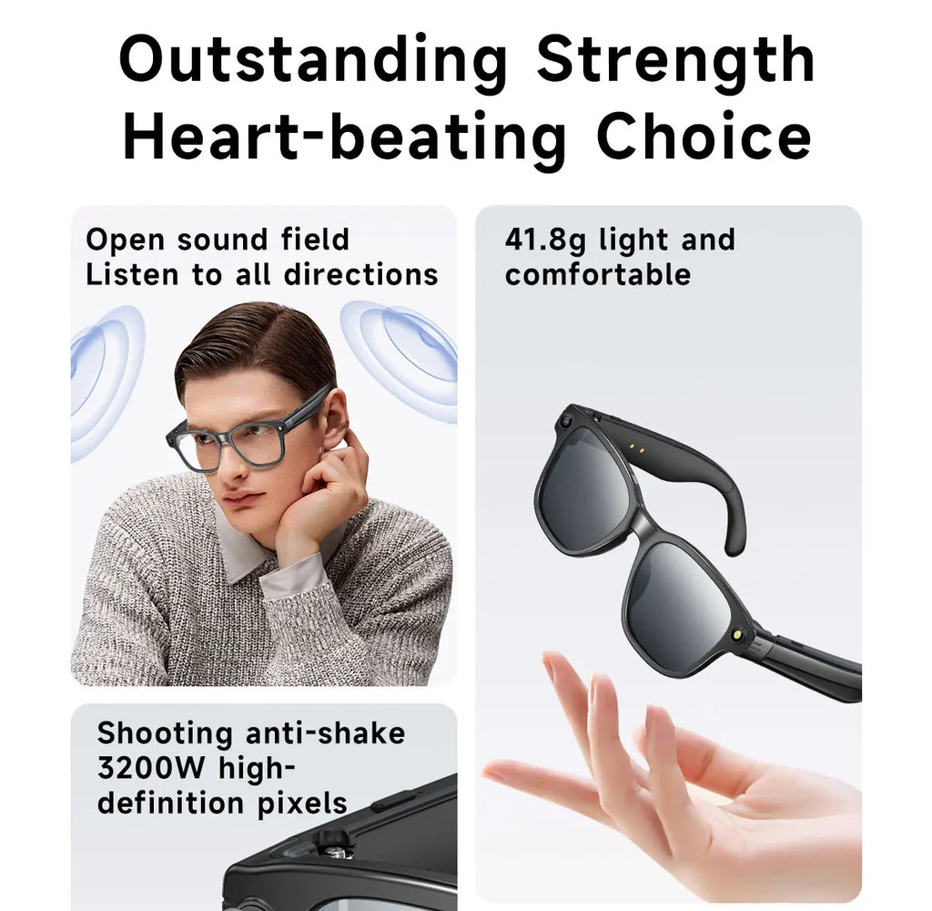 Lightweight black smart glasses with an integrated HD camera, featuring an open sound field design for clear audio.