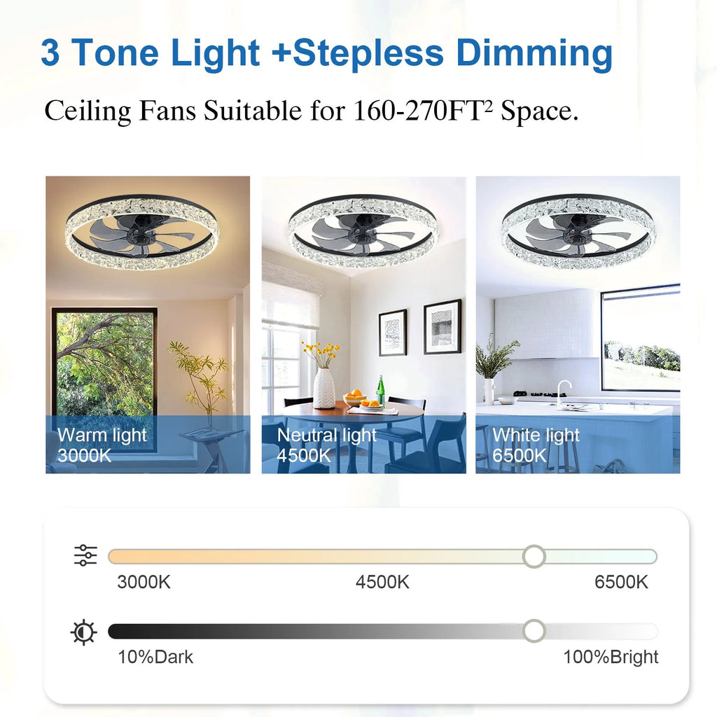 18.9in modern black crystal LED ceiling fan showing warm, neutral, and white light settings with adjustable brightness.