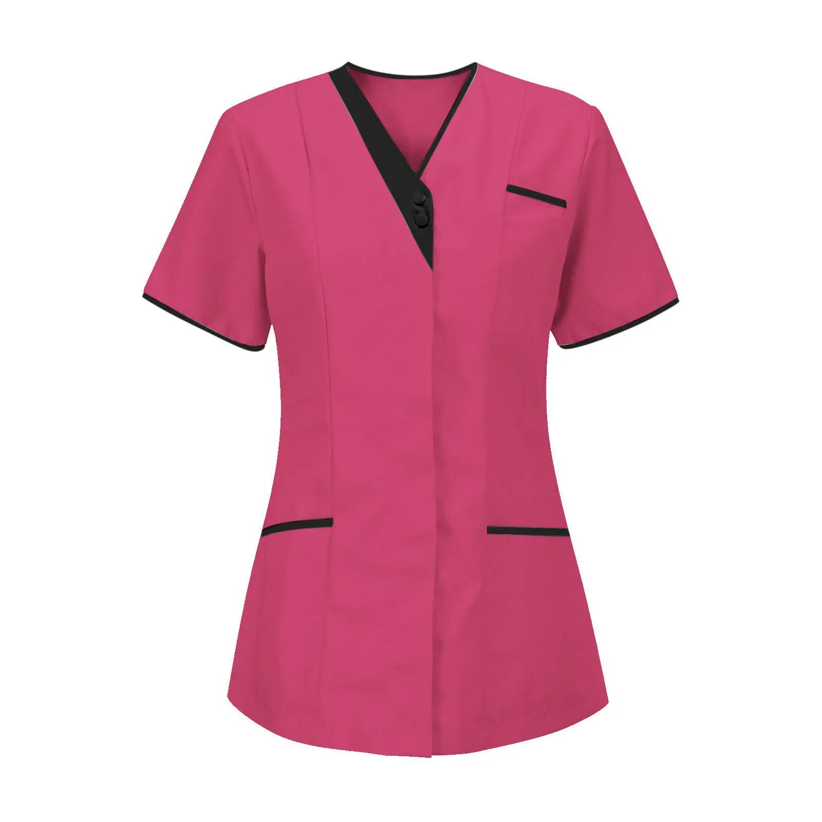 Hot pink V-neck work tunic with black trim, short sleeves, button detail, and two front pockets.
