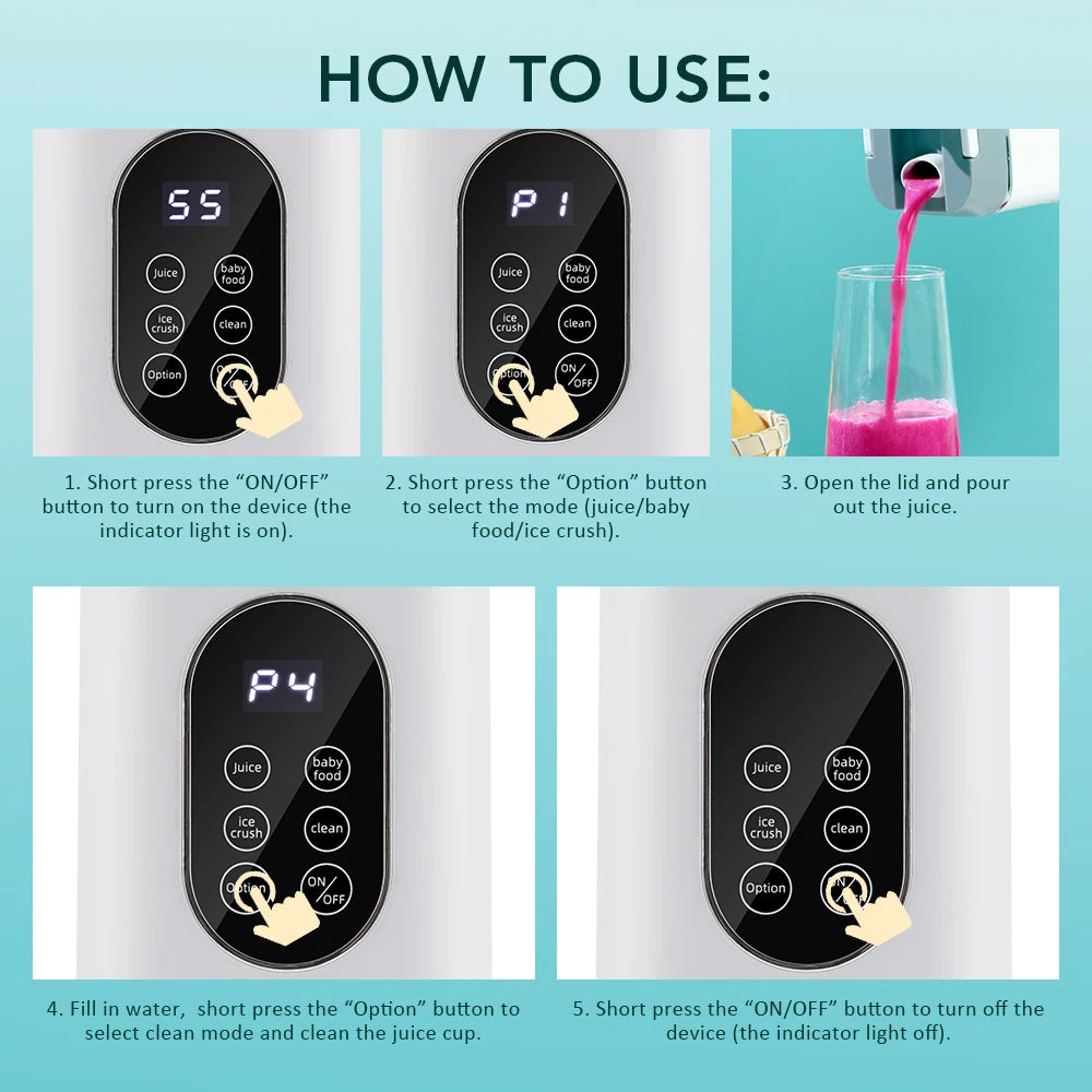 Instructional graphic showing a white blender’s black digital touch-control panel and how to use its various settings.