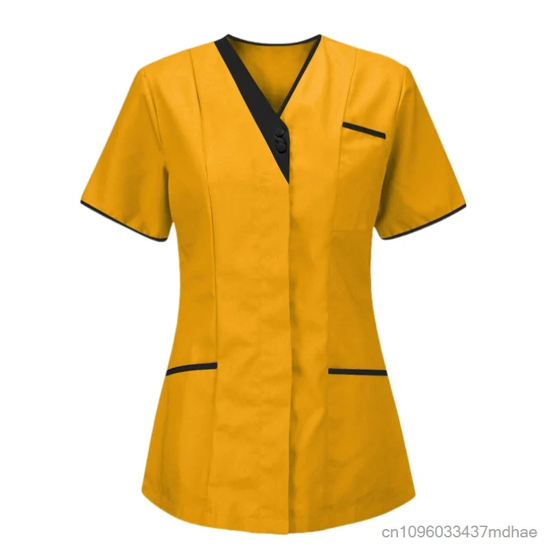 Mustard yellow short-sleeved tunic with a black V-neck, button detail, and black trim on the pockets and sleeves.