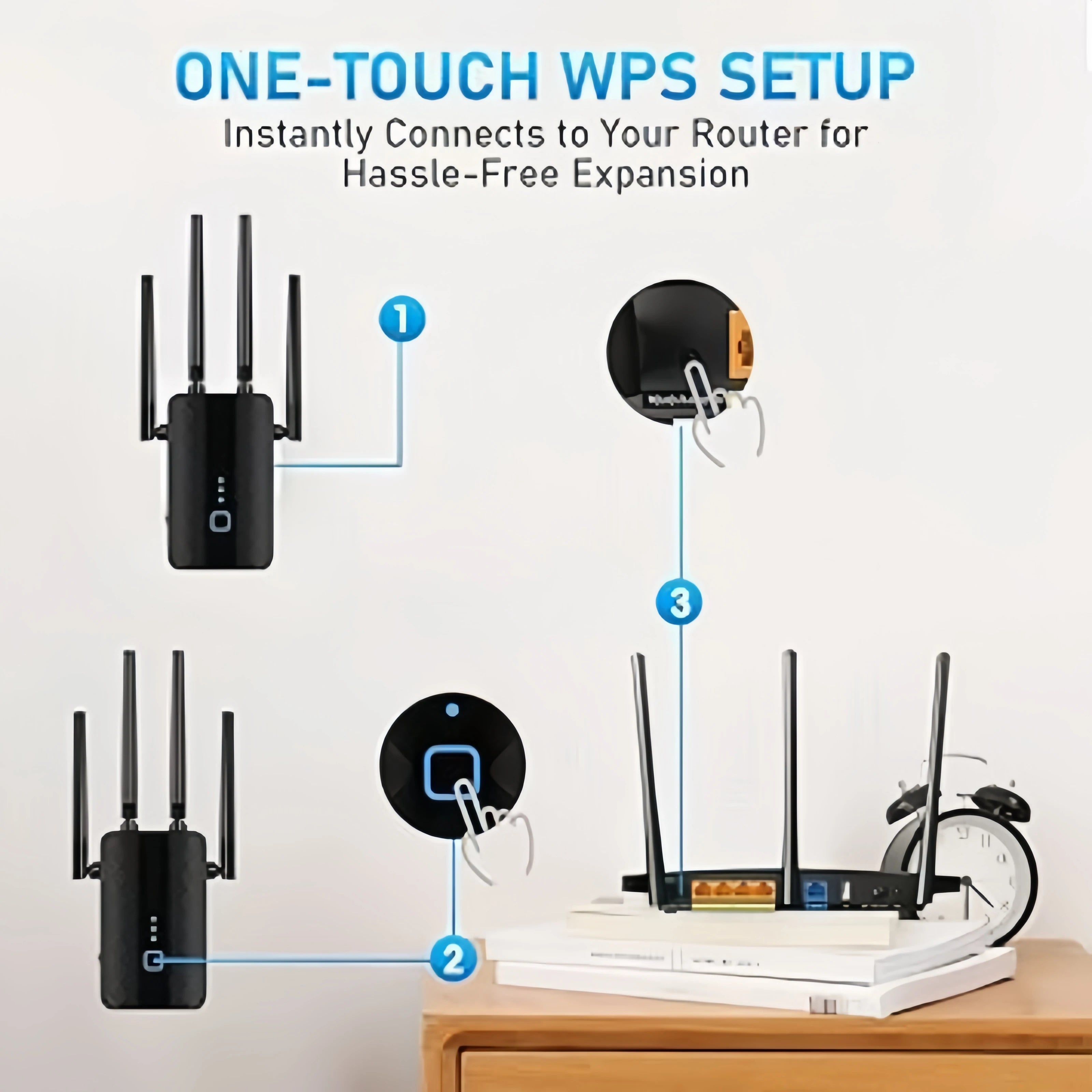 Black 1200Mbps WiFi range extender with three antennas, showing a three-step guide for easy WPS button setup.