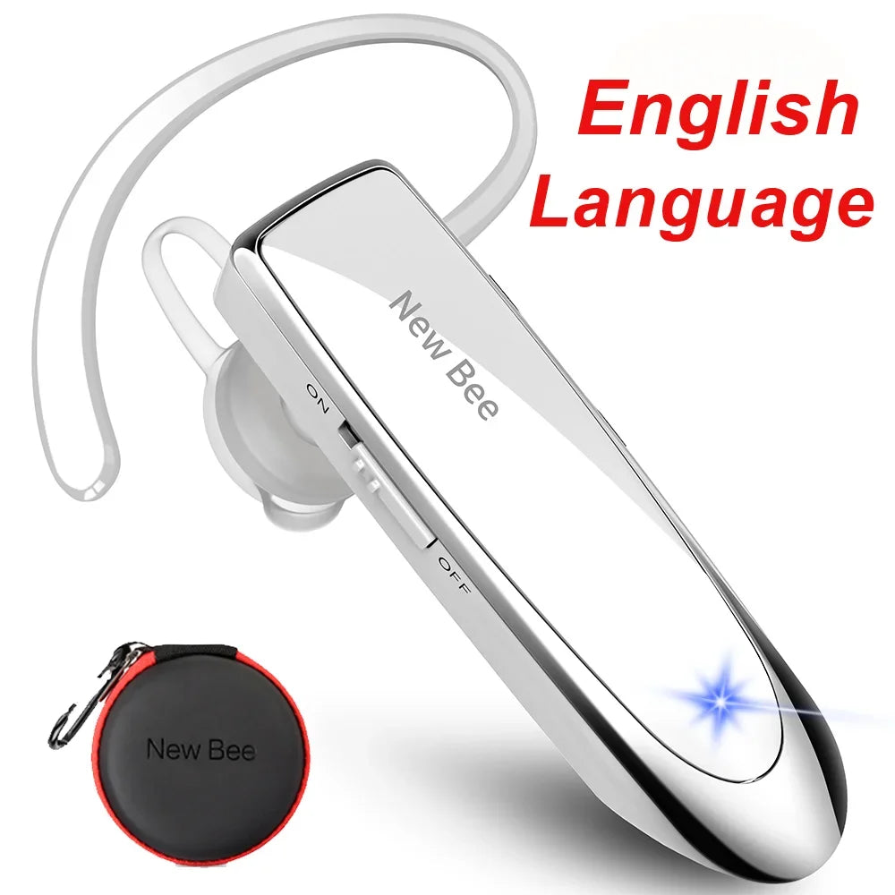 Silver wireless Bluetooth hands-free headset with an over-ear hook, microphone, and a small black carrying case.