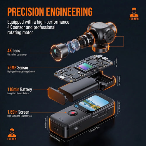 Exploded view of a sleek black 4K camcorder showing internal lens, 75MP sensor, long-life battery and touchscreen.