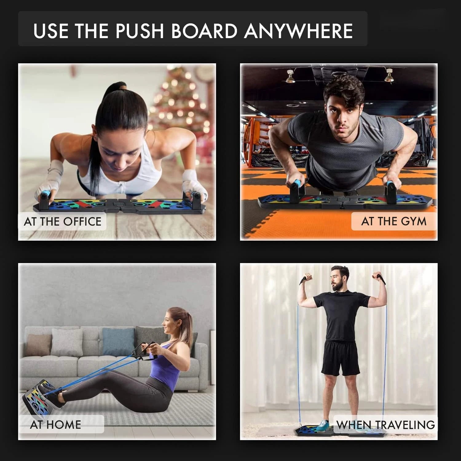 People using a black, foldable push-up board with colour-coded workout positions and blue resistance bands.