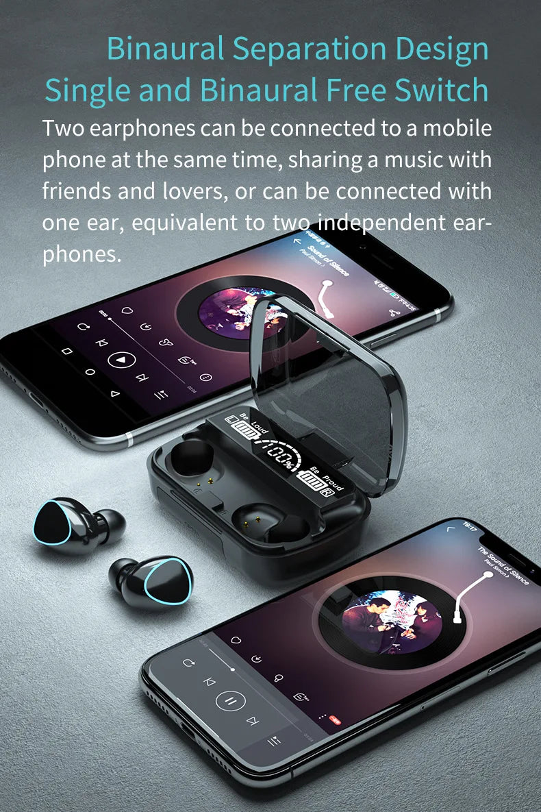 Black wireless earbuds with blue light accents and a charging case with a digital battery display, next to smartphones.