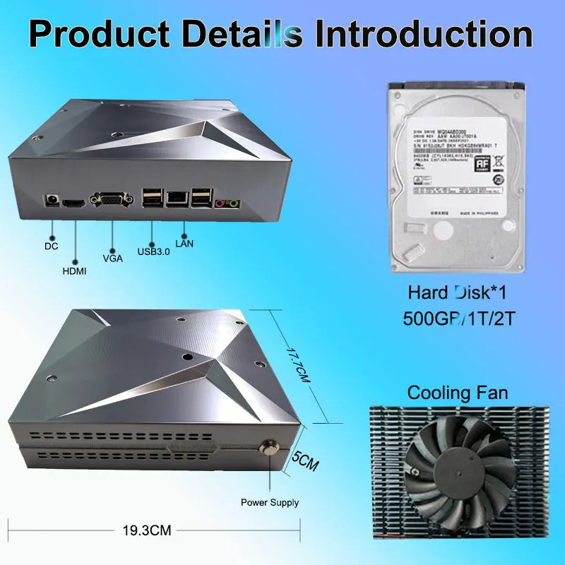 Silver P88 retro game console with faceted top, rear I/O ports, internal hard drive, and cooling fan.
