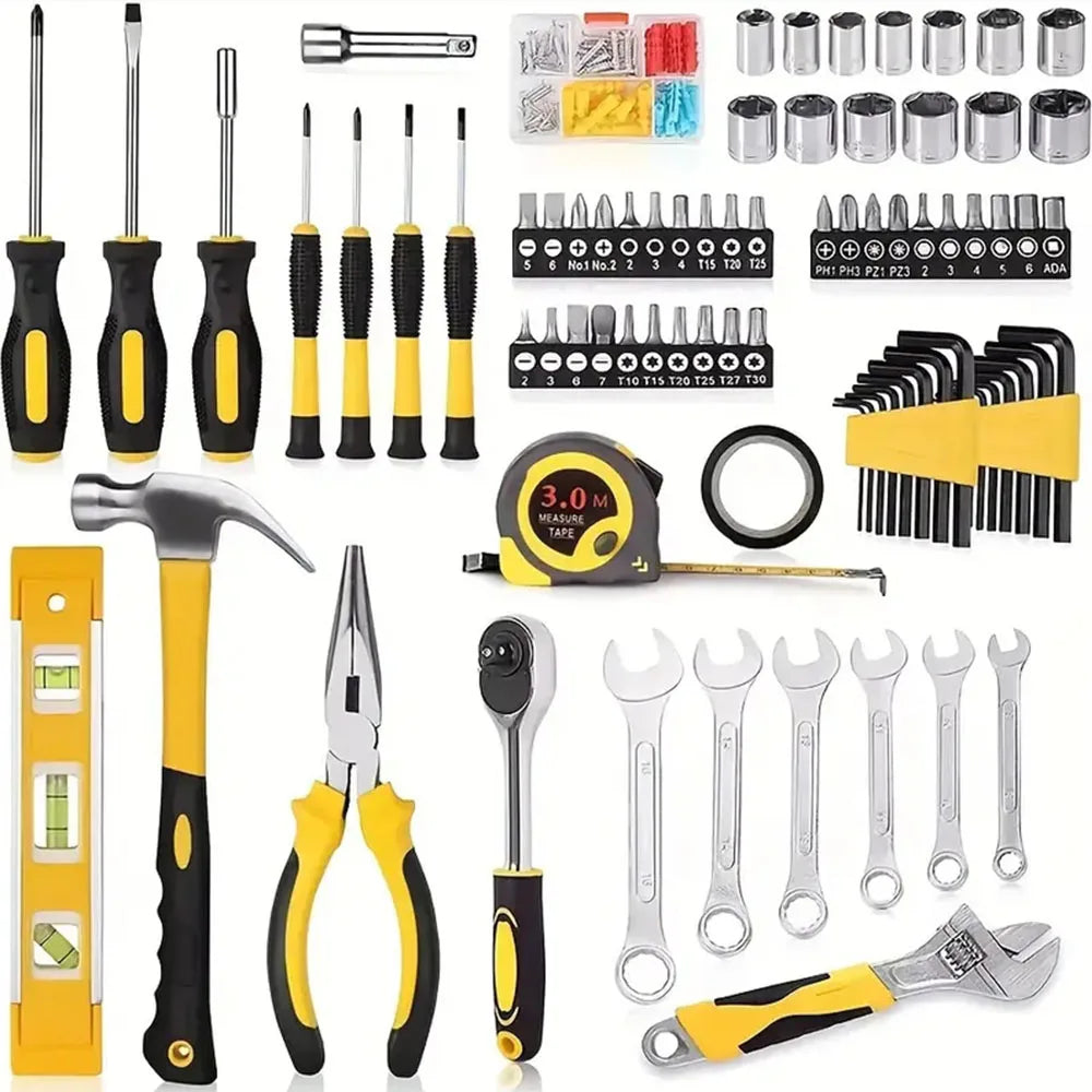 108-piece yellow and black tool set featuring screwdrivers, wrenches, hammer, pliers, sockets, and tape measure.