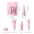 Sakura travel skincare set in pink packaging: includes cleanser, toner, face cream, and sunscreen in a zipped pouch.