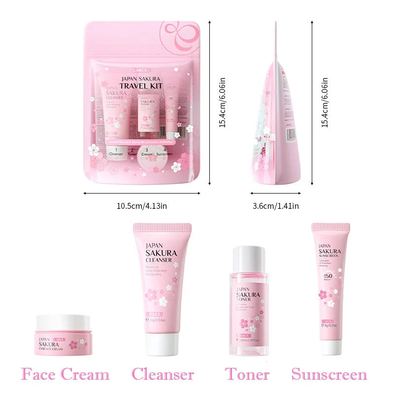 Sakura travel skincare set in pink packaging: includes cleanser, toner, face cream, and sunscreen in a zipped pouch.