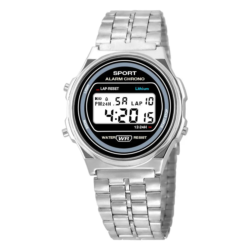 Retro-style silver digital watch with a matching metal link bracelet and classic sport chronograph display.