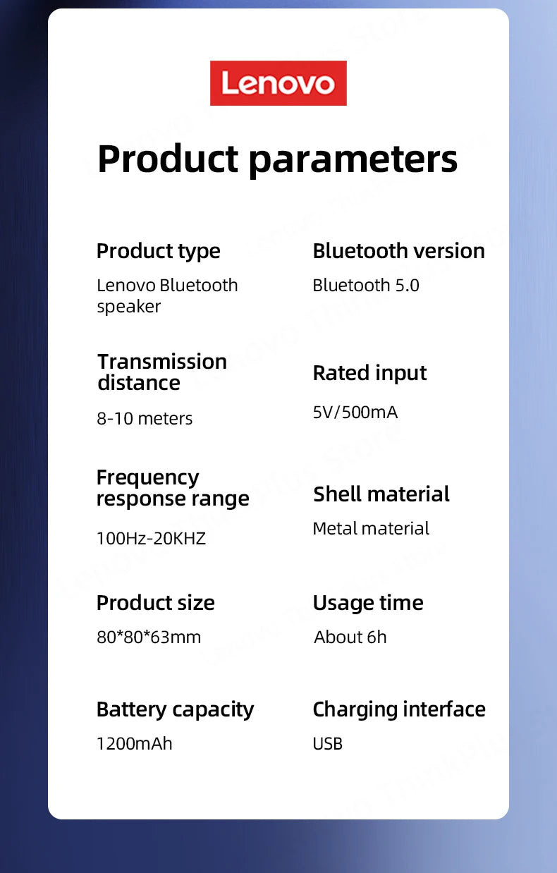 Portable Bluetooth speaker technical specification sheet featuring a compact metal design, 6-hour battery, and USB charging.