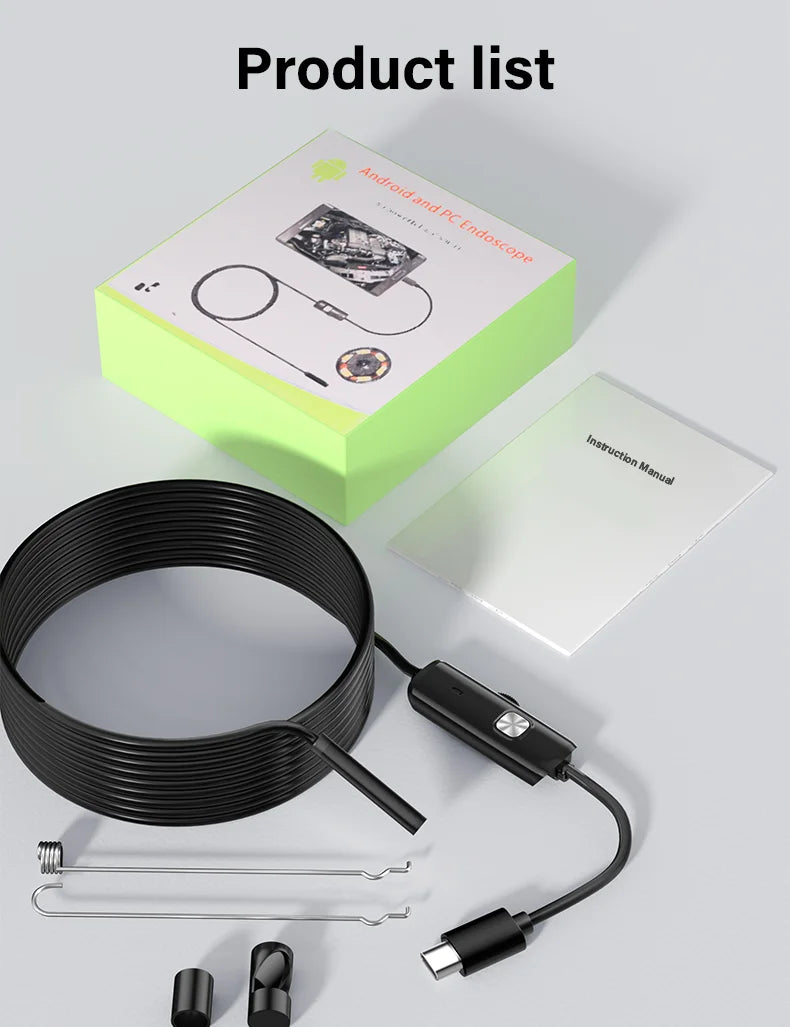 A 7mm waterproof USB-C endoscope camera with a long black cable, control unit, manual, and various attachments in a box.