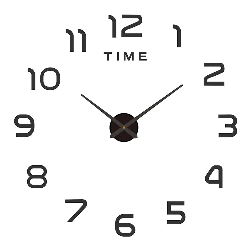 Modern frameless wall clock with black 3D acrylic numerals, minimalist hands, and ‘TIME’ text at the 12 o’clock position.