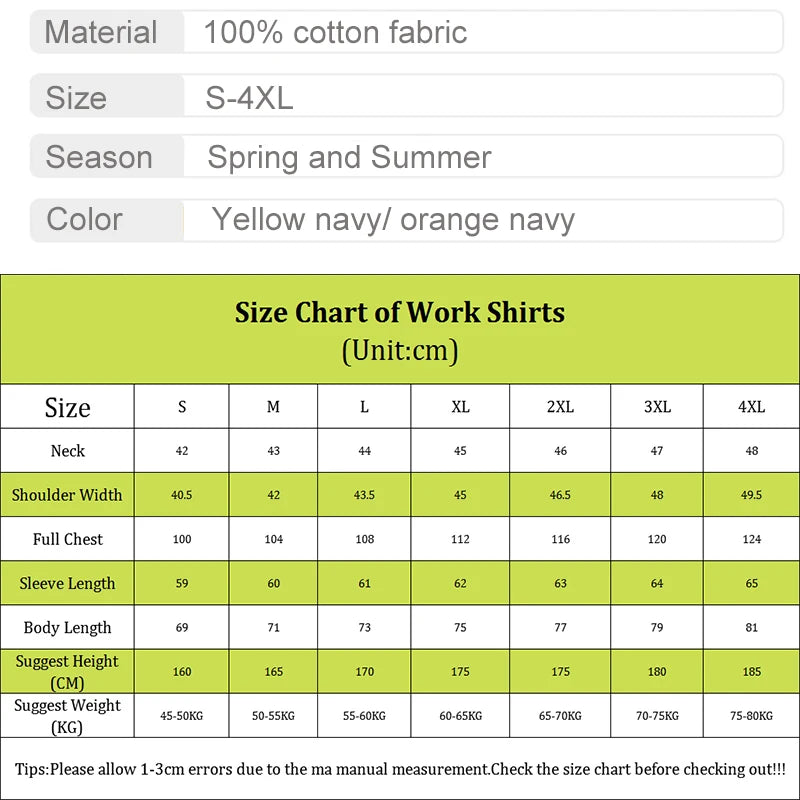 Size chart for men's hi-vis long sleeve polo shirts, available in yellow/navy or orange/navy. Sizes S to 4XL.