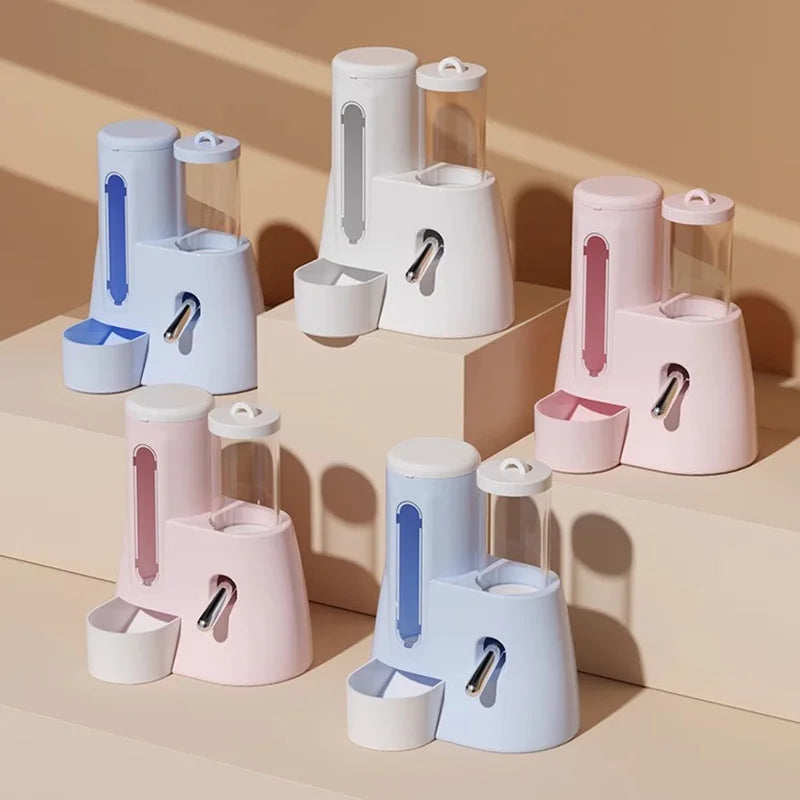 A group of five minimalist pet water dispensers in pastel blue, pink, and white with a sleek, modern design.