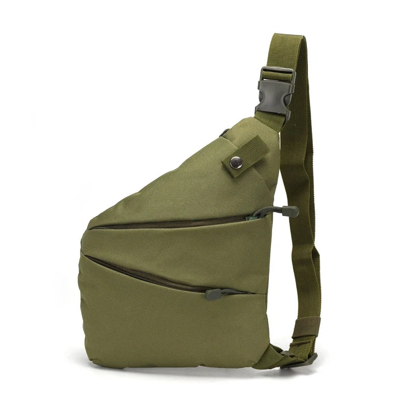 Olive green compact crossbody sling bag with an adjustable strap, buckle fastener, and two zipped front pockets.