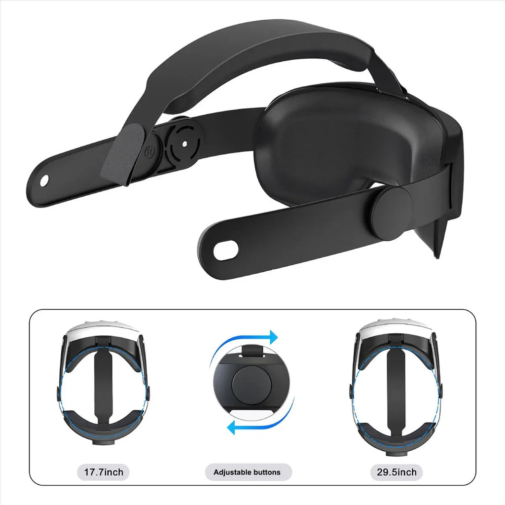Black adjustable VR headset comfort strap with padded head support and rotating dial for a custom fit from 17.7-29.5in.