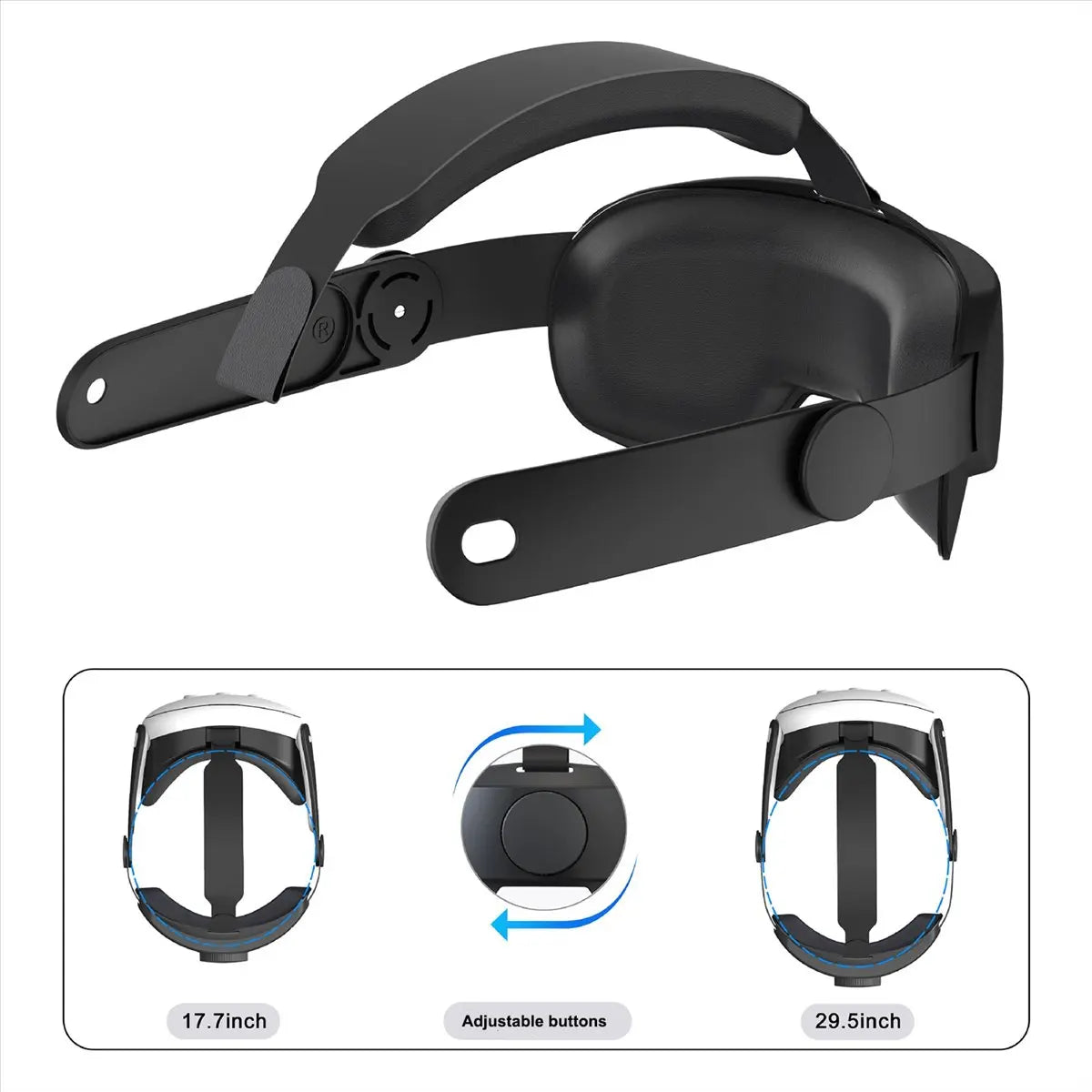Black adjustable VR headset comfort strap with padded head support and rotating dial for a custom fit from 17.7-29.5in.