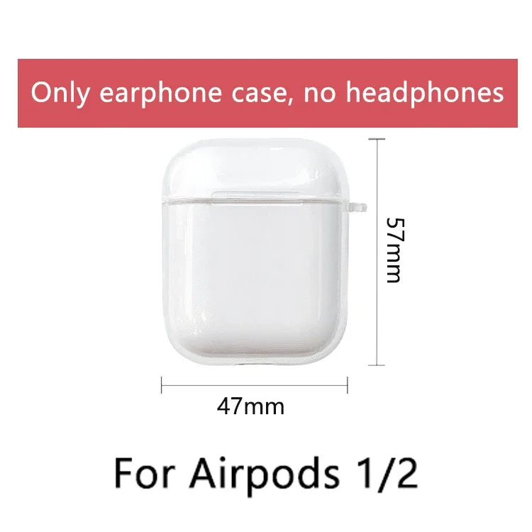 Clear silicone protective case for Apple AirPods 1 and 2, featuring technical dimensions. Case only.