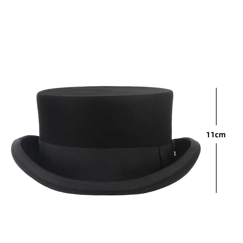 A classic black vintage-style top hat in felt wool with a satin ribbon band, shown with an 11cm height measurement.