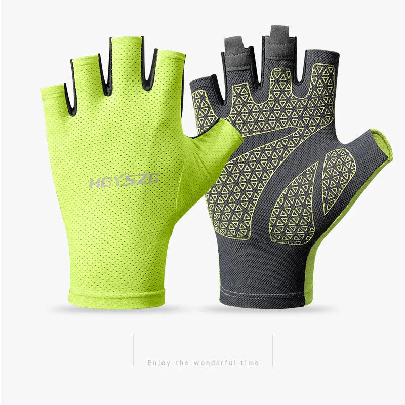 Fingerless cycling gloves in neon yellow and grey with a textured, anti-slip geometric pattern on the palms.