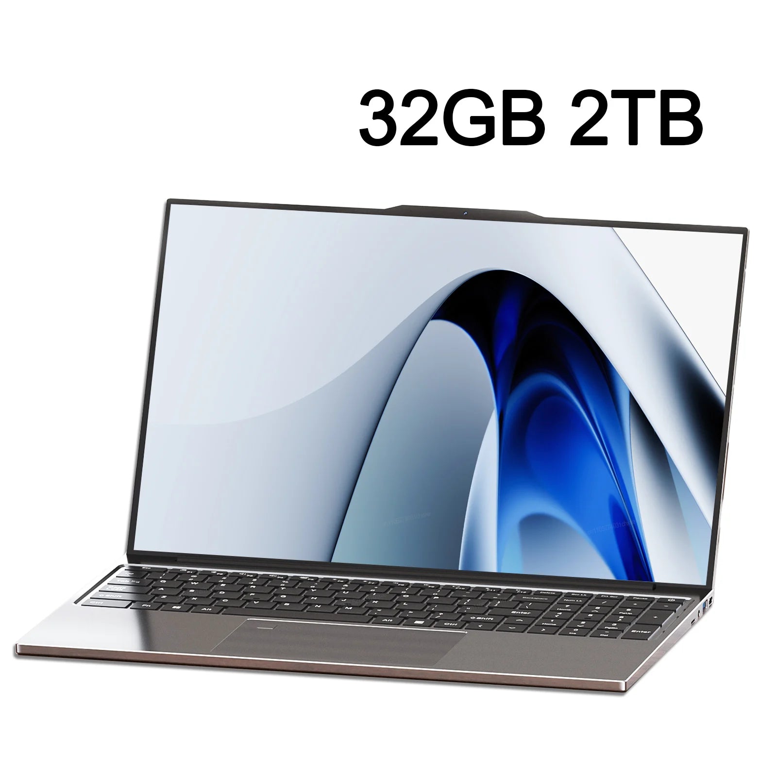 Sleek, dark grey 15.6-inch portable laptop with 32GB RAM and 2TB SSD, featuring a modern, thin-bezel display.
