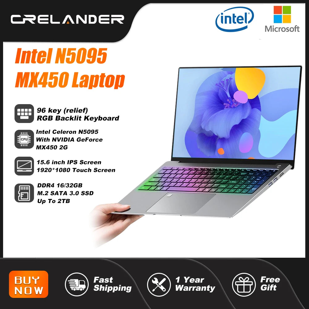 Sleek silver 15.6-inch gaming laptop with a vibrant RGB backlit keyboard and a high-definition touch screen display.
