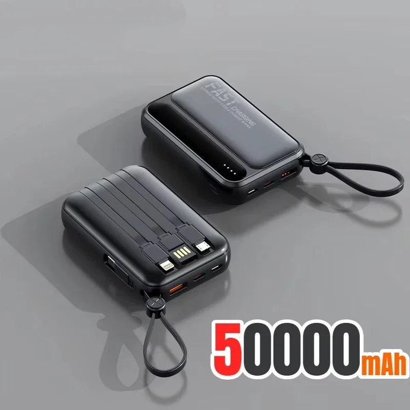 Two black 50,000mAh portable power banks with integrated charging cables and a handy carry loop.