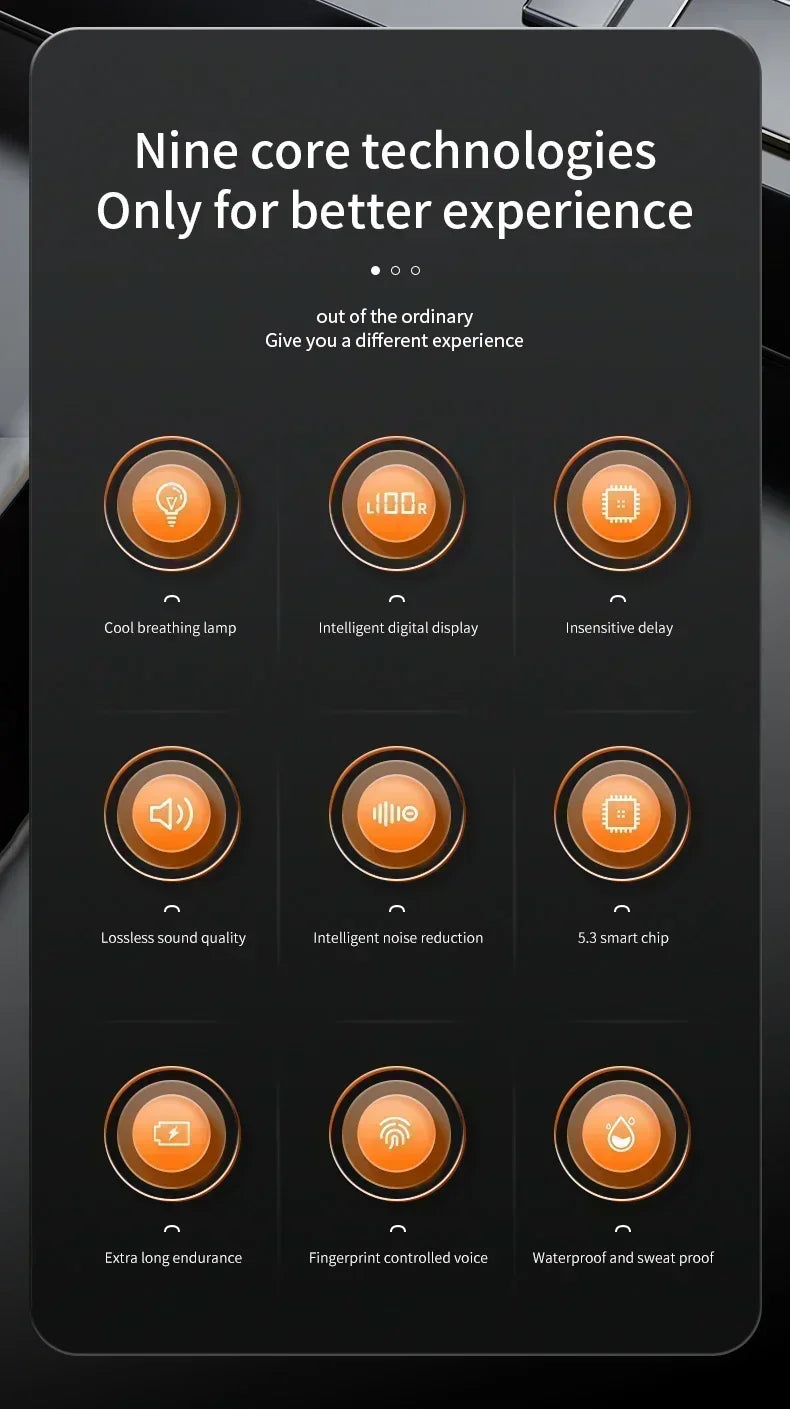 Infographic on a black background showing nine orange circular icons with white symbols highlighting tech features.