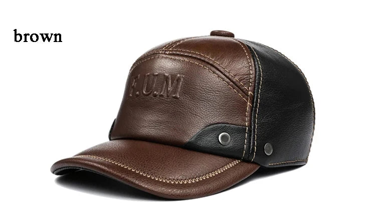 Brown and black genuine leather men’s winter baseball cap with stitched detailing and stud-fastened ear flaps.