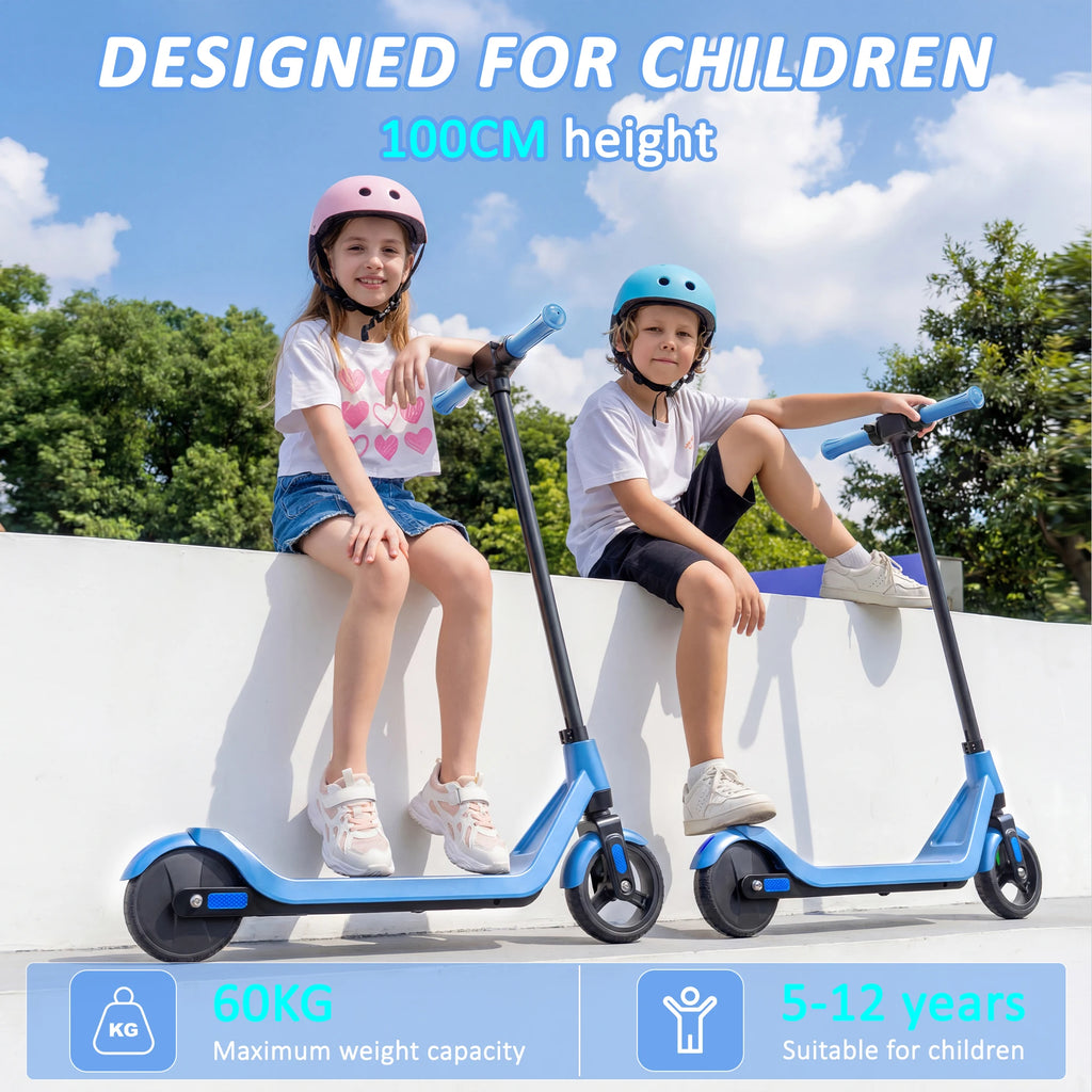 Two children sit on blue foldable electric scooters with black stems and handlebars, wearing helmets.