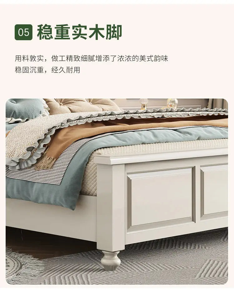 Modern minimalist double bed frame in off-white with sturdy, decorative wooden legs and panelled footboard detailing.