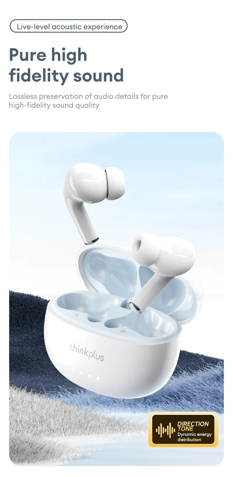 Glossy white wireless earbuds with a matching open charging case against a blue and white textured background.