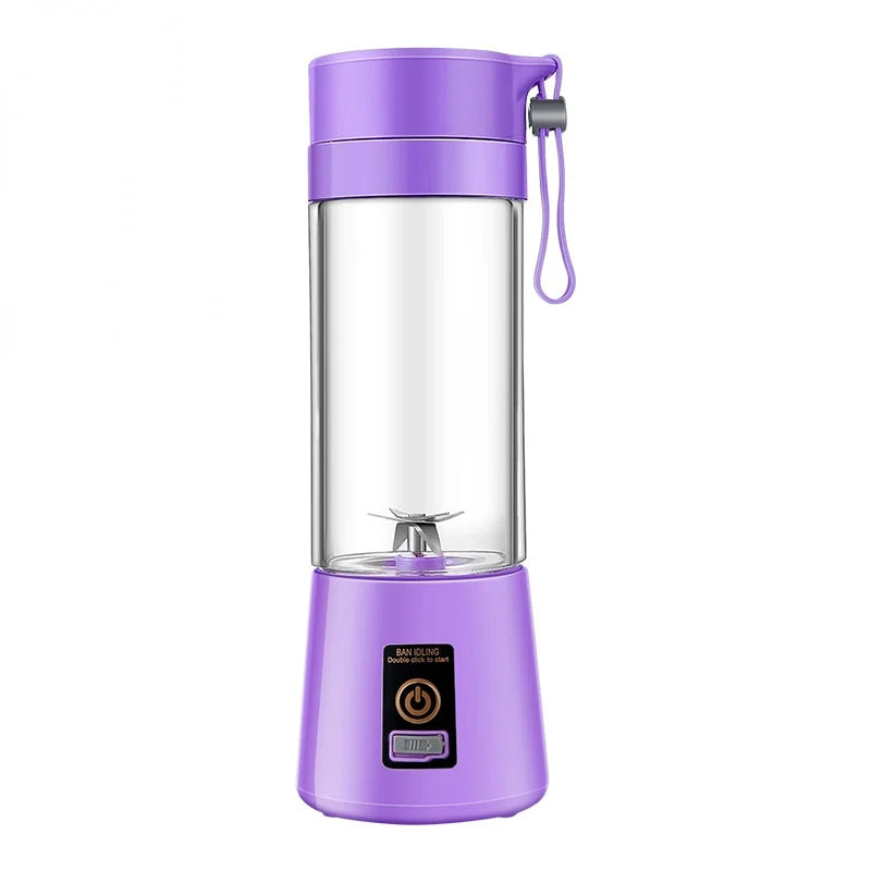 Purple portable blender with a clear cup, stainless steel blades, and a power button, featuring a carry strap.