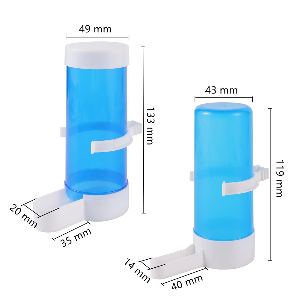 Two blue and white plastic bird water dispensers with dimension labels on a white background.