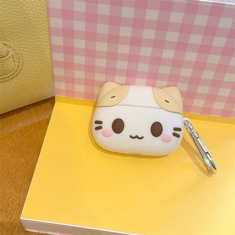Cute cat-design silicone AirPods Pro case in white with a metal carabiner clip.