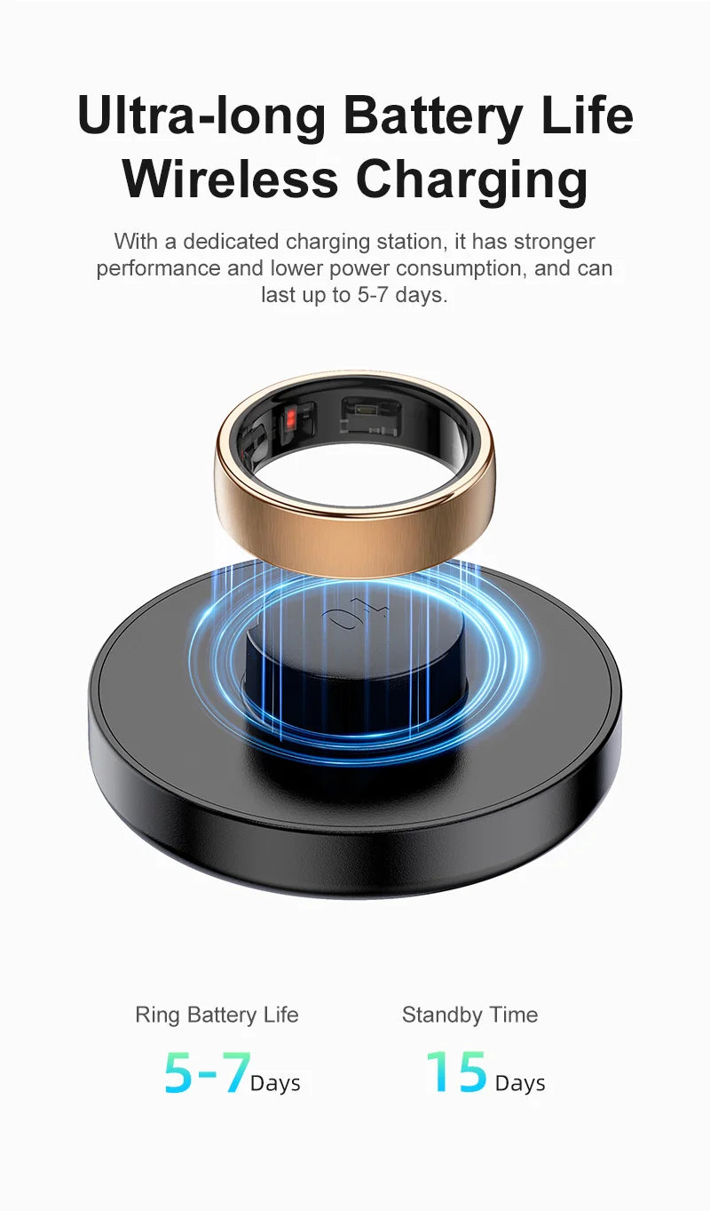 A sleek gold smart health ring hovering above a black wireless charging dock, showing 5-7 days of battery life.