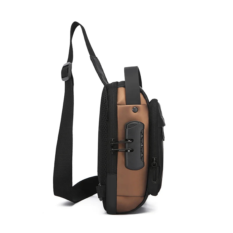 Side view of a brown and black anti-theft crossbody chest bag with a combination lock and adjustable shoulder strap.