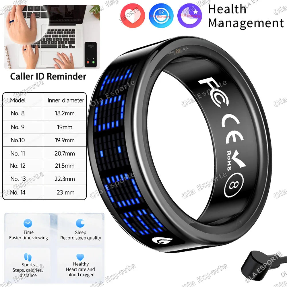 Sleek black smart fitness ring with blue digital display, tracking health, sleep, and activity. Includes sizing chart.