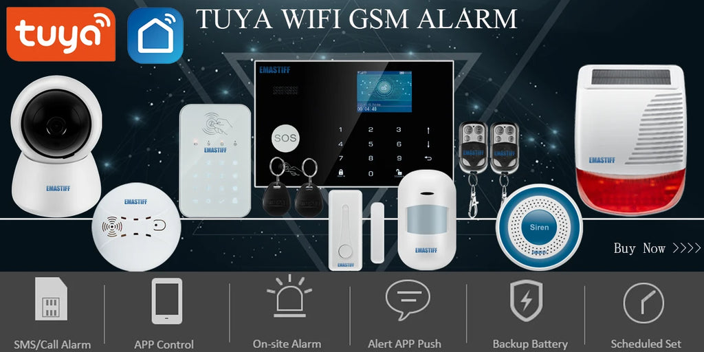 Wireless smart home security kit in white, featuring a touchscreen control panel, camera, sensors, remote and siren.