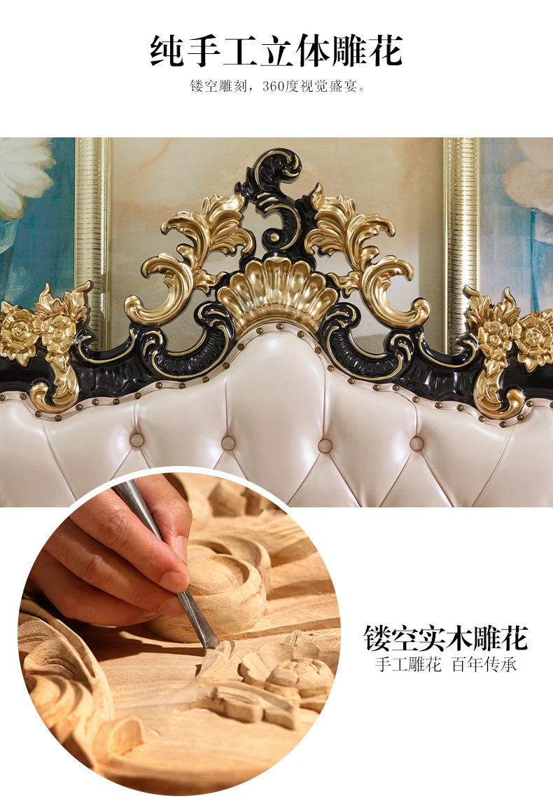 Close-up of a cream tufted bed headboard with ornate black and gold carved wood detailing.