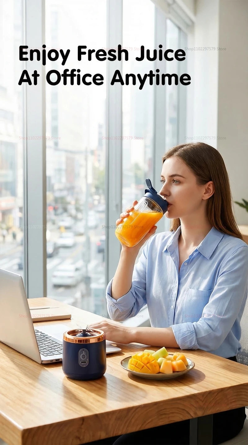 Woman in office drinking juice from a portable, dark blue and gold personal blender on a desk.