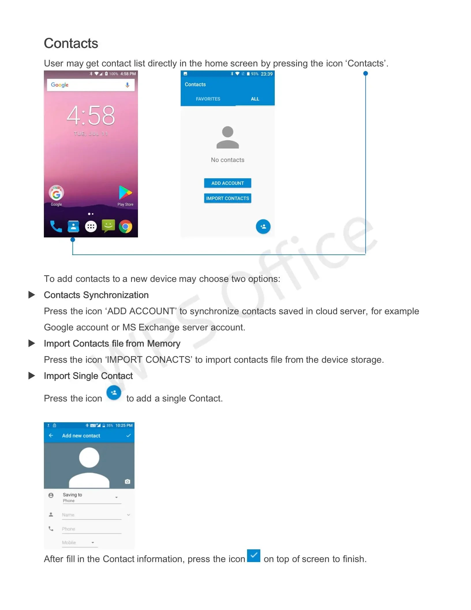 Smartphone user manual guide showing instructions on how to access, add, sync, and import phone contacts.