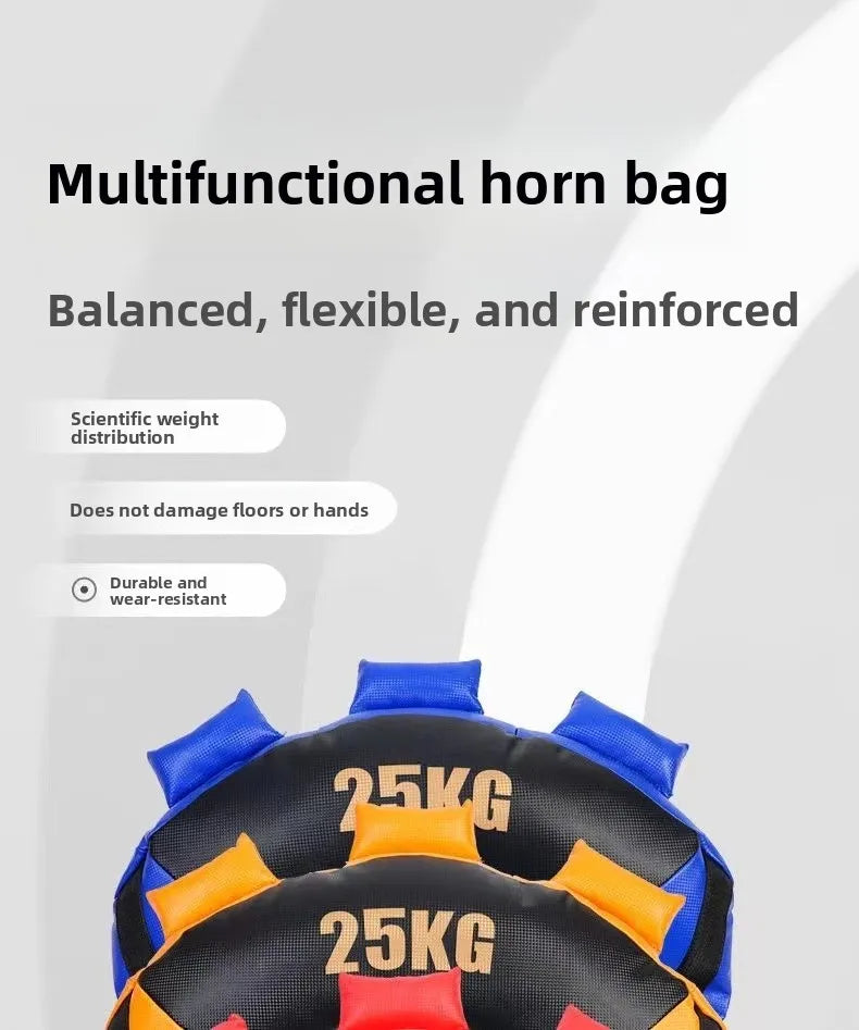 A 25kg weighted Bulgarian training bag in black, blue, and orange with multiple grip handles for home fitness.