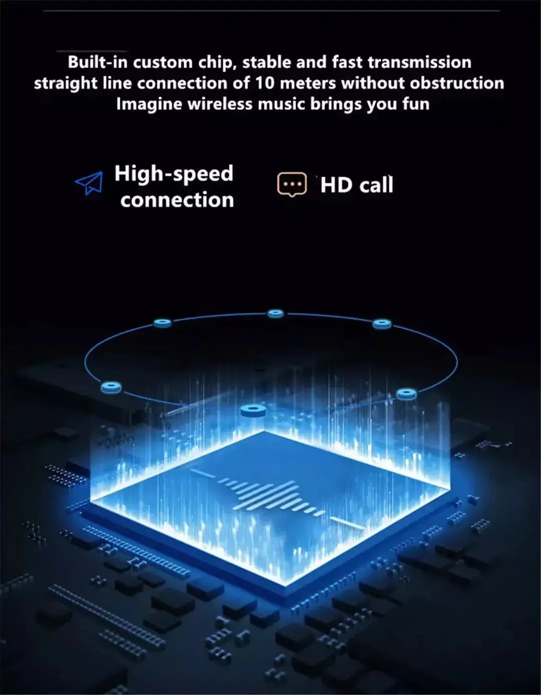 A graphic showing a glowing blue microchip to illustrate fast wireless Bluetooth speaker connectivity and HD call support.
