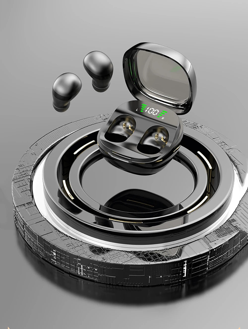 Black wireless earbuds with a digital battery display charging case, resting on a futuristic circular textured base.