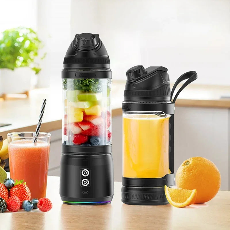 Two black portable personal blenders with glass containers and silicone carry straps, placed on a kitchen counter.