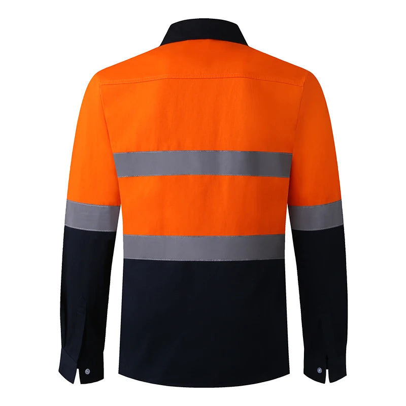 Back view of a men’s long-sleeve hi-vis polo shirt in orange and navy with reflective silver tape across the back.