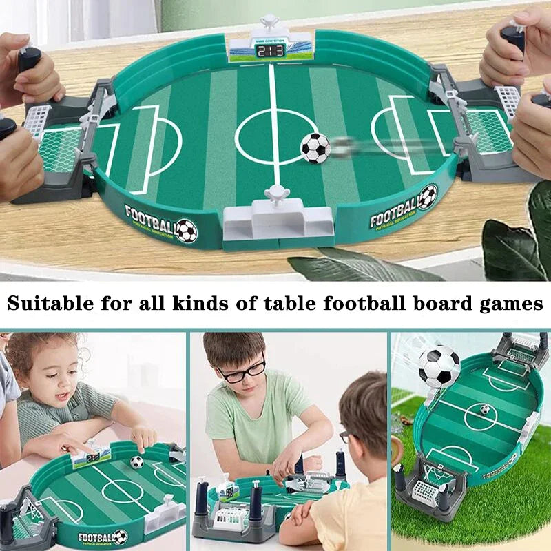 Tabletop football board game with green pitch, goal nets, and integrated digital scoreboard for two players.